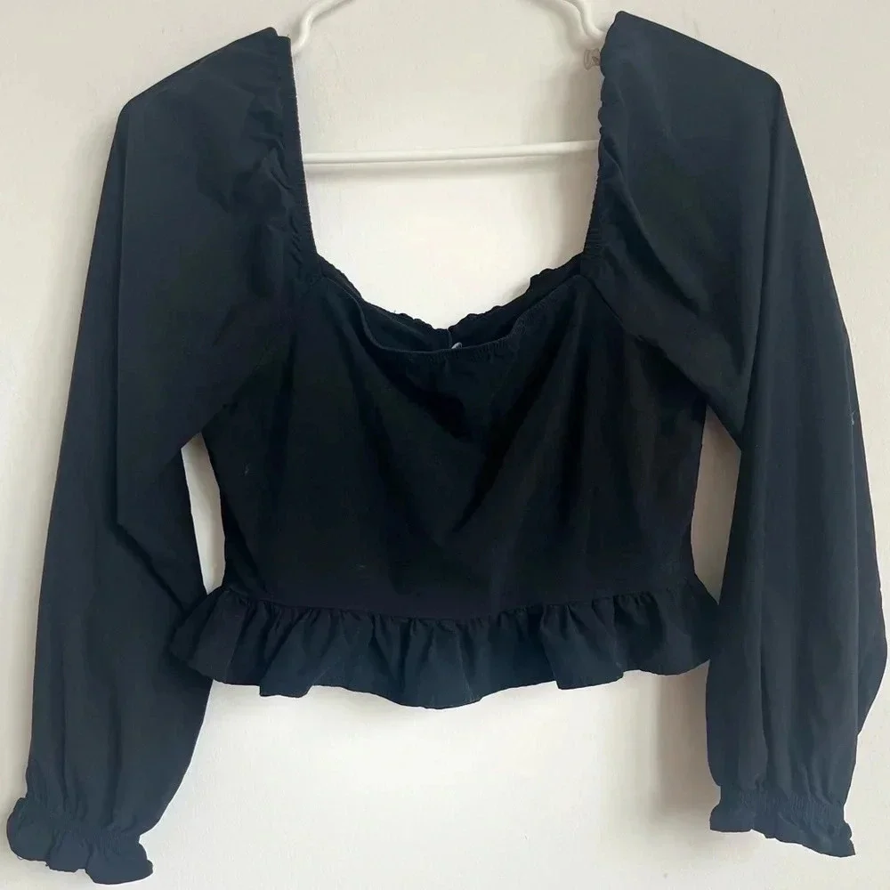 Square Neck Long Sleeve Ruffle Hem off shoulder Solid Black Crop Top size M